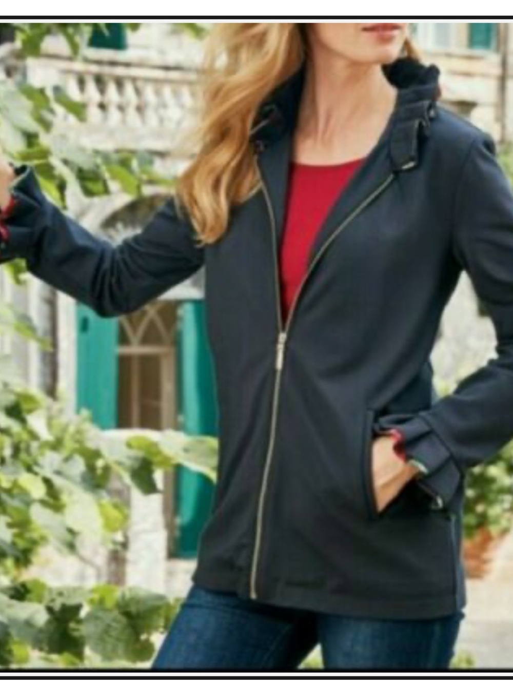 Soft Surroundings Navy Zip-Front Jacket with Floral Trim Small